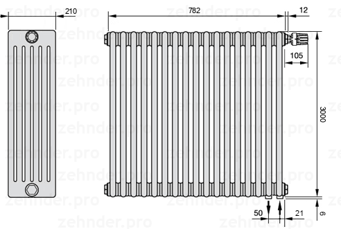 Схема (чертеж) Радиатор Zehnder Charleston 6300/17 №V002 Белый глянцевый RAL 9016